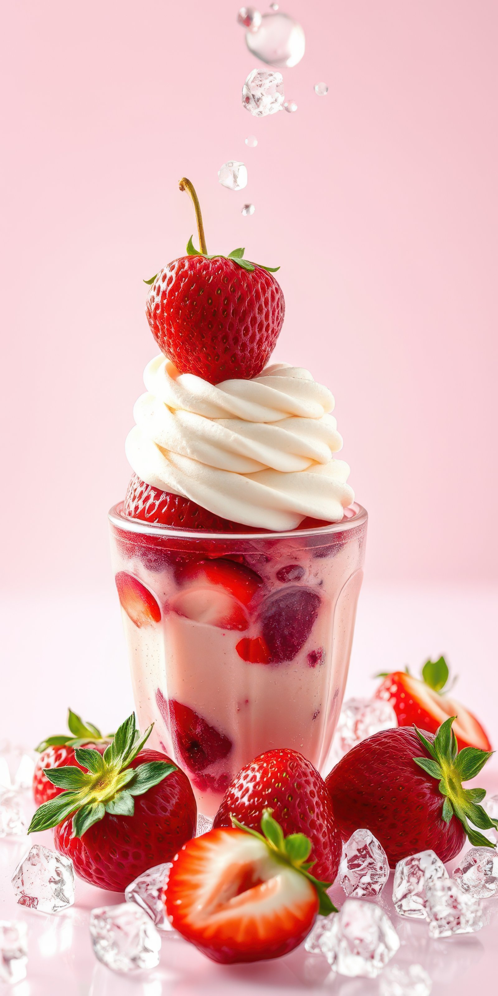 Delicious strawberry dessert with whipped cream and fresh berries on pink backdrop
